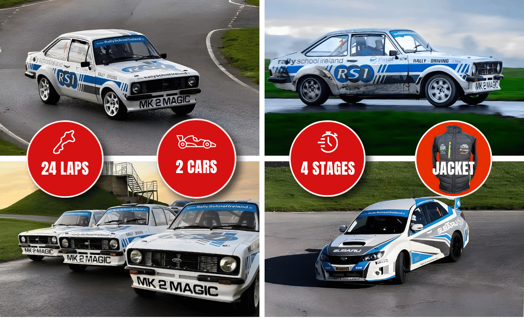Rally driving experience with 24 laps, 2 cars, 4 stages, and a branded jacket from Rally School Ireland.