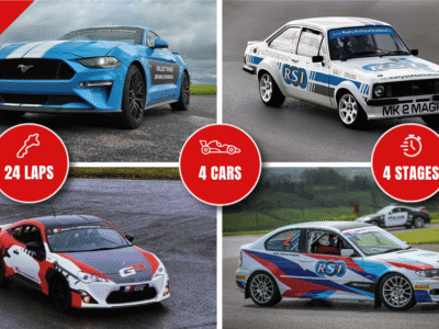 Race car driving experience: 24 laps, 4 cars, 4 stages. Features a Mustang and rally vehicles. Exciting track event.