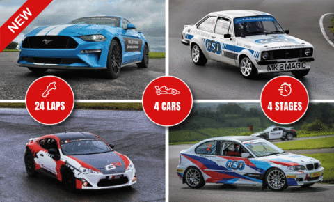 Race car driving experience: 24 laps, 4 cars, 4 stages. Features a Mustang and rally vehicles. Exciting track event.