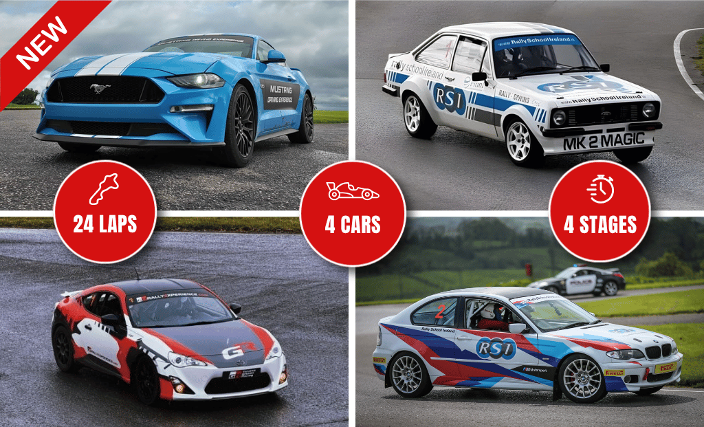 Race car driving experience: 24 laps, 4 cars, 4 stages. Features a Mustang and rally vehicles. Exciting track event.
