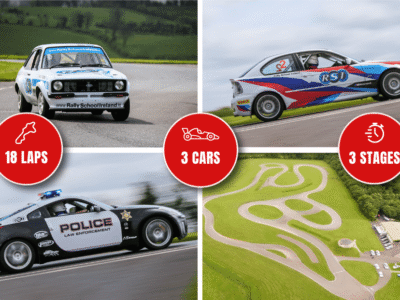 Three rally cars racing on a winding track with 18 laps, 3 cars, and 3 stages challenge in lush green surroundings.