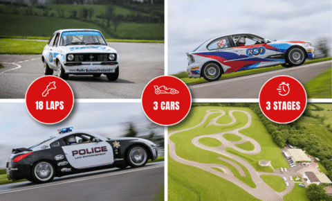 Three rally cars racing on a winding track with 18 laps, 3 cars, and 3 stages challenge in lush green surroundings.