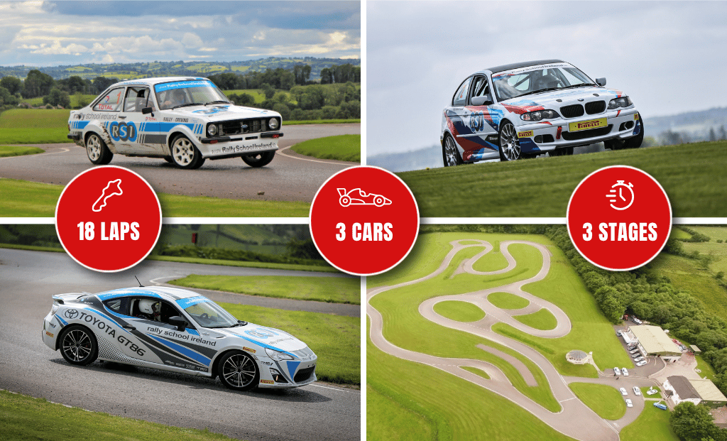 Rally School Ireland experience: drive 3 cars, 18 laps, across 3 stages. Exciting track layout in scenic setting.