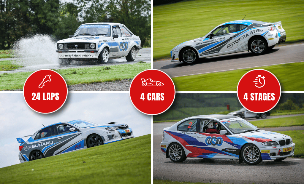 Rally School Experience: 24 Laps, 4 Cars, 4 Stages. Exciting cars on track at Rally School Ireland for ultimate racing thrill.