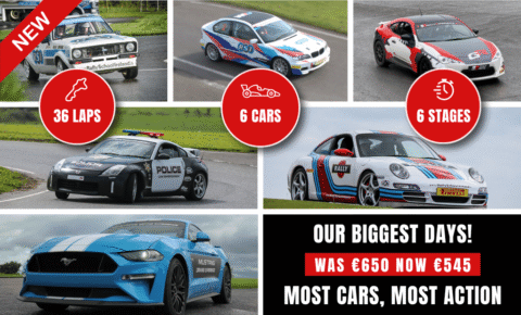 Rally school promotion with multiple cars, 36 laps, 6 stages, and discounted price from €650 to €545 for action-packed day.