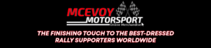 McEvoy Motorsport logo with tagline: The finishing touch to the best-dressed rally supporters worldwide.